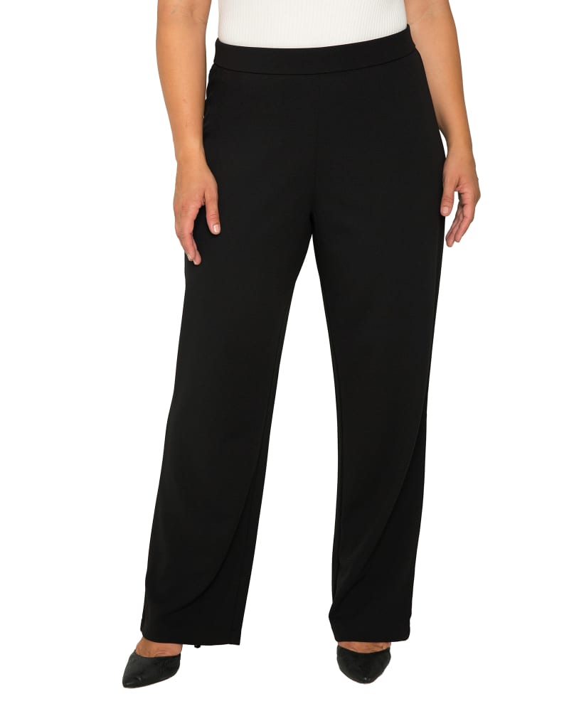 Front of a model wearing a size 14 Chloe High Waist Stretch Crepe Pants in Black by Standards & Practices. | dia_product_style_image_id:280552